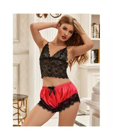 SUBBLIME - 953959 CHEMISE DE NUIT DÉCONTRACTÉE EN SOIE + PANTALON EN DENTELLE NOIR/ROUGE S/M