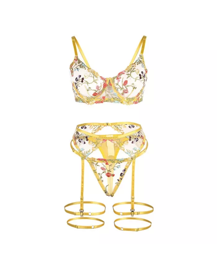 SUBBLIME - 954345 SOUTIEN-GORGE + STRING + PORTE-JARRETELLES MOTIF FLORAL JAUNE S/M
