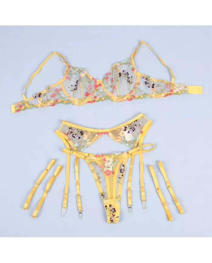 SUBBLIME - 954345 SOUTIEN-GORGE + STRING + PORTE-JARRETELLES MOTIF FLORAL JAUNE S/M