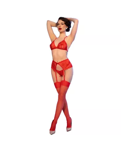 CHILIROSE - CR 4848 ENSEMBLE SOUTIEN-GORGE + STRING + BAS EN DENTELLE ROUGE XL