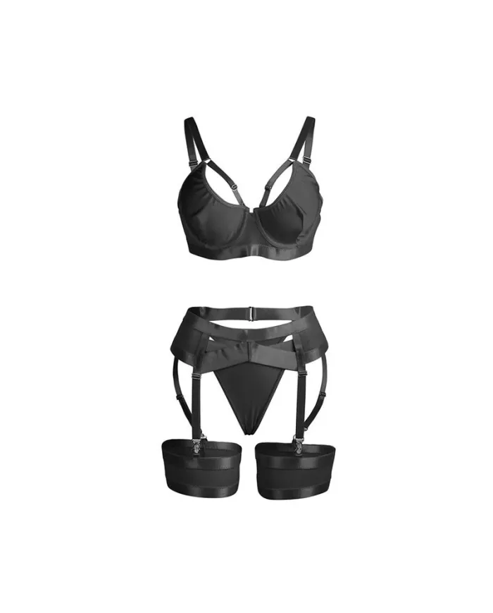 SUBBLIME - 955236 ENSEMBLE SOUTIEN-GORGE BONDAGE NOIR AVEC JARRETELLE S/M