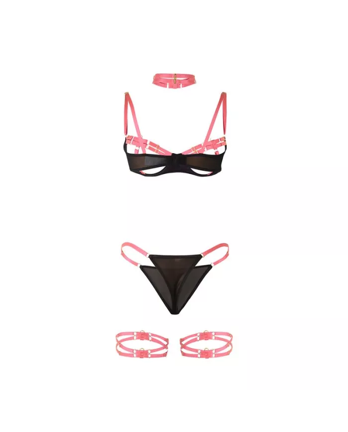 SUBBLIME - 955298 ENSEMBLE SOUTIEN-GORGE AVEC COLLIER ET DÉTAILS DE JAMBES ROSE FLUORESCENT S/M