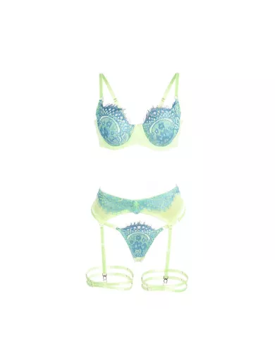 SUBBLIME - 955311 ENSEMBLE SOUTIEN-GORGE AVEC LIGNES DENTELLE ET JARRETELLE VERT ET BLEU S/M