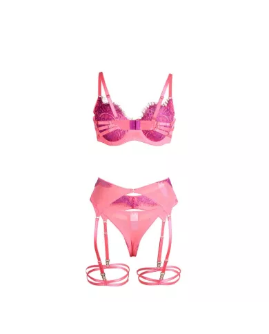 SUBBLIME - 955359 ENSEMBLE SOUTIEN-GORGE AVEC DENTELLE ET LIENS JARRETELLES ROSE ET VIOLET S/M