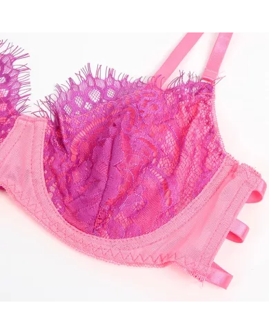 SUBBLIME - 955359 ENSEMBLE SOUTIEN-GORGE AVEC DENTELLE ET LIENS JARRETELLES ROSE ET VIOLET S/M