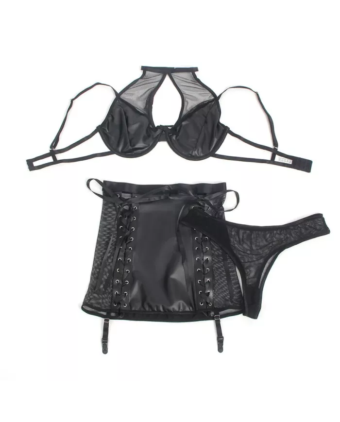 SUBBLIME - 957599 ENSEMBLE SOUTIEN-GORGE ET JUPE EN CUIR NOIR L/XL
