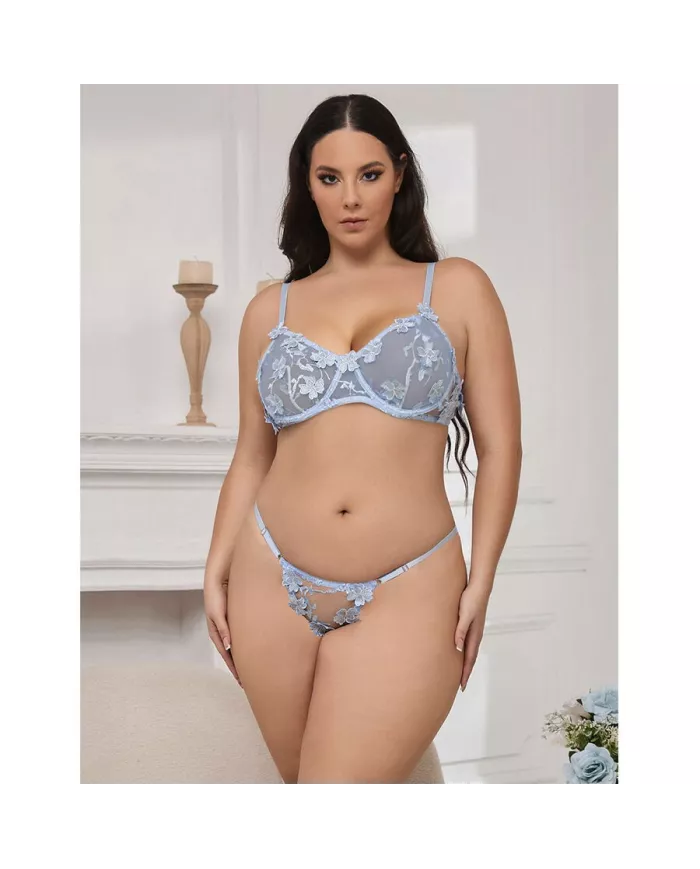 SUBBLIME - 957636 ENSEMBLE SOUTIEN-GORGE ET CULOTTE BRODÉS DE FLEURS BLEU CIEL L/XL