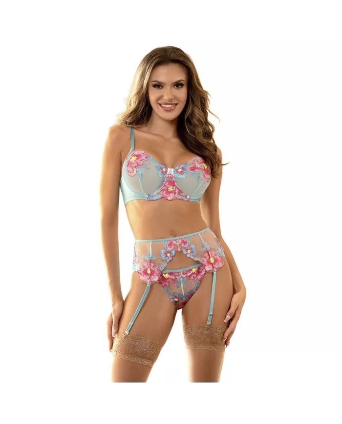 SUBBLIME - 957650 ENSEMBLE SOUTIEN-GORGE ET PORTE-JARRETELLES BRODÉ FLEURS ROSE L/XL