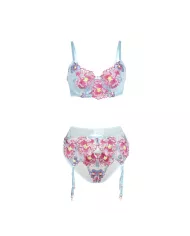 SUBBLIME - 957650 ENSEMBLE SOUTIEN-GORGE ET PORTE-JARRETELLES BRODÉ FLEURS ROSE L/XL
