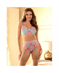 SUBBLIME - 957650 ENSEMBLE SOUTIEN-GORGE ET PORTE-JARRETELLES BRODÉ FLEURS ROSE L/XL