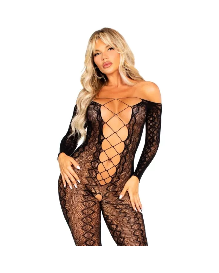 LEG AVENUE - BODYSTOCKING SANS FOURCHE EN DENTELLE SERPENT EXOTIQUE NOIRE