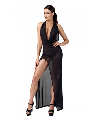Robe longue fendue Onyx F373 - Noir Handmade