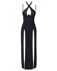 Robe longue à décolleté plongeant noire argentée - Cottelli PARTY