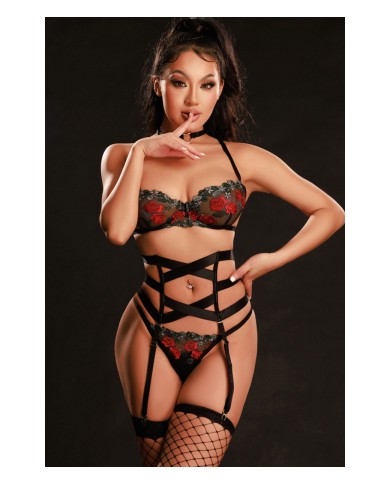 Ensemble lingerie 5 pièces vert et rouge - J Lingerie