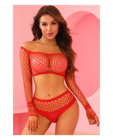Ensemble lingerie 2 pièces en résille rouge - J Lingerie