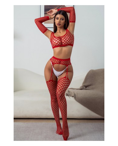 Ensemble Lingerie 3 pièces rouge en résille large - J Lingerie