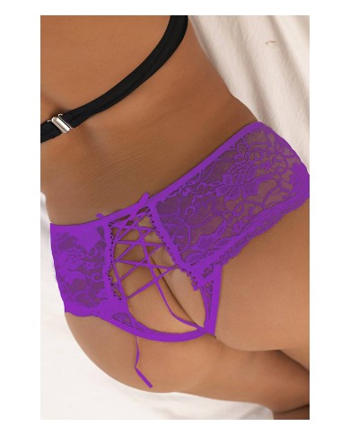 Tanga ouvert dentelle lacé Violet - Litolu Lingerie