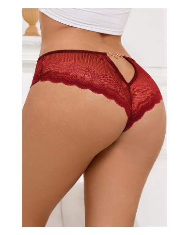 Tanga dentelle bijou Coeur Bordeaux - Litolu Lingerie