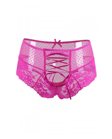 Tanga lacé dentelle taille haute Rose - Litolu Lingerie