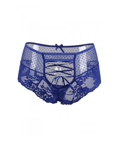 Tanga lacé dentelle taille haute Bleu - Litolu Lingerie