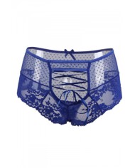 Tanga lacé dentelle taille haute Bleu - Litolu Lingerie