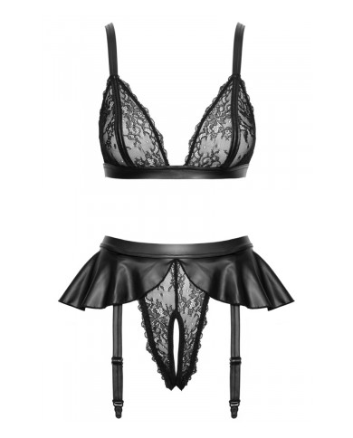 Soutien-gorge et slip fendu à jarretelles noir - Cottelli LINGERIE