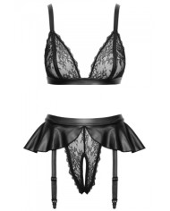 Soutien-gorge et slip fendu à jarretelles noir - Cottelli LINGERIE