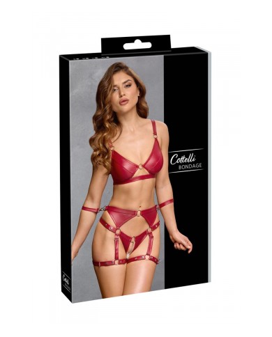 Set soutien-gorge et slip à jarretelles ouvert rouge - Cottelli BONDAGE