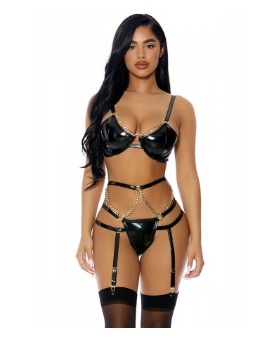 Ensemble 3 pièces à jarretelles en faux cuir - J Lingerie