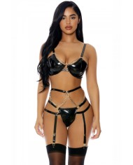 Ensemble 3 pièces à jarretelles en faux cuir - J Lingerie