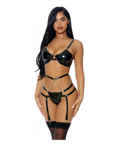 Ensemble 3 pièces à jarretelles en faux cuir - J Lingerie