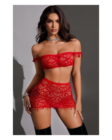 Ensemble top et jupe résille rouge - J Lingerie