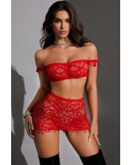 Ensemble top et jupe résille rouge - J Lingerie