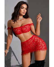 Ensemble top et jupe résille rouge - J Lingerie