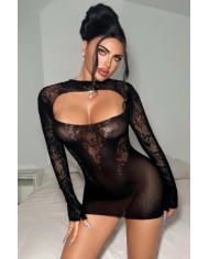 Robe résille noire décolletée à manches longues - J Lingerie