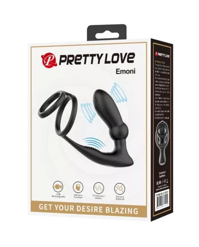 PRETTY LOVE - ANNEAU PÉNIS EMONI + PLUG ANAL 12 VIBRATIONS NOIR