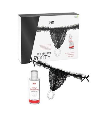 INTT RELEASES - CULOTTE BRÉSILIENNE NOIRE AVEC PERLES ET GEL LUBRIFIANT 50 ML