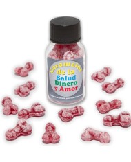 DIABLO PICANTE - 12 BONBONS SANTÉ-ARGENT-AMOUR FORME DE PÉNIS FRAISE/CERISE