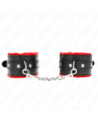 KINK - APPUI-POIGNETS DOUBLÉS DE FOURRURE PREMIUM ROUGE AVEC CEINTURE NOIRE RÉGLABLE 17-29 CM X 6 CM