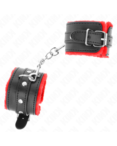 KINK - APPUI-POIGNETS DOUBLÉS DE FOURRURE PREMIUM ROUGE AVEC CEINTURE NOIRE RÉGLABLE 17-29 CM X 6 CM