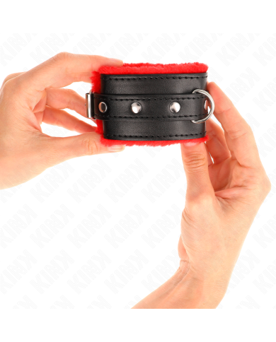 KINK - APPUI-POIGNETS DOUBLÉS DE FOURRURE PREMIUM ROUGE AVEC CEINTURE NOIRE RÉGLABLE 17-29 CM X 6 CM