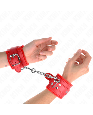 KINK - APPUI-POIGNETS DOUBLÉS DE FOURRURE ROUGE AVEC CEINTURE ROUGE RÉGLABLE 17-29 CM X 6 CM