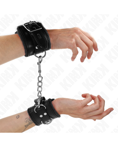 KINK - APPUI-POIGNETS DOUBLÉS DE FOURRURE NOIR AVEC CEINTURE NOIRE RÉGLABLE 17-29 CM X 6 CM