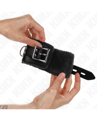 KINK - APPUI-POIGNETS DOUBLÉS DE FOURRURE NOIR AVEC CEINTURE NOIRE RÉGLABLE 17-29 CM X 6 CM