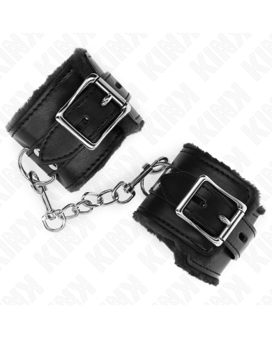 KINK - APPUI-POIGNETS DOUBLÉS DE FOURRURE NOIR AVEC CEINTURE NOIRE RÉGLABLE 17-29 CM X 6 CM