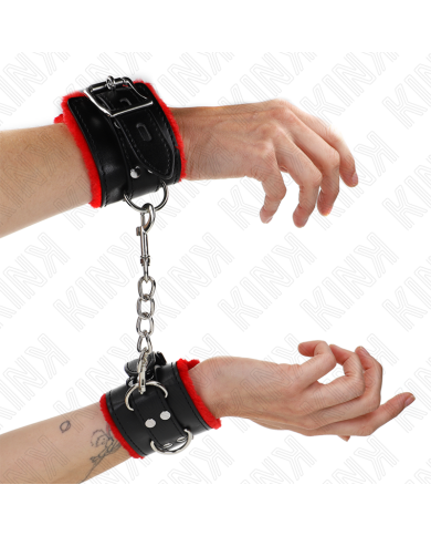 KINK - APPUI-POIGNETS DOUBLÉS DE FOURRURE AVEC TROUS CARRÉS CEINTURE ROUGE ET NOIRE RÉGLABLE 17-29 CM X 6 CM
