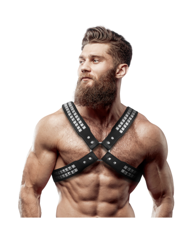 FETISH SUBMISSIVE ATTITUDE - HARNAIS EN CUIR ÉCOLOGIQUE POUR HOMMES POITRINE CROISÉE AVEC RIVETS