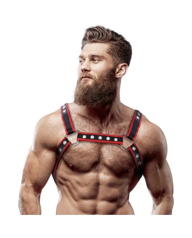 FETISH SUBMISSIVE ATTITUDE - HARNAIS DE POITRINE BULLDOG EN CUIR ÉCOLOGIQUE POUR HOMMES NOIR/ROUGE