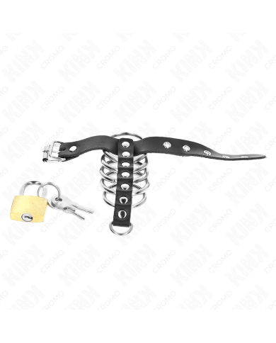 KINK - ANNEAU PÉNIS EN CUIR AVEC SANGLE DE VERROUILLAGE 21 X 2 CM ET 5 ANNEAUX MÉTALLIQUES DE 3 CM À 4 CM