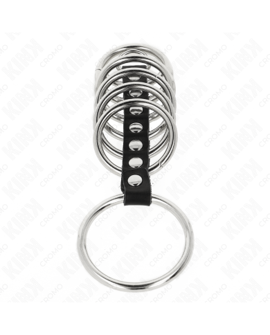 KINK - 7 ANNEAUX PÉNIS EN MÉTAL DE 3,2 CM À 5 CM CONNECTÉS PAR DU CUIR